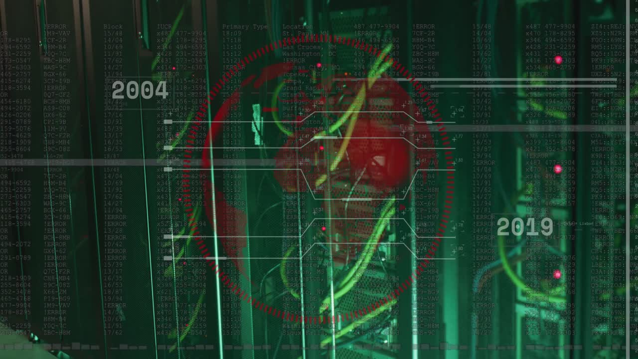 Animation of globe spinning and data processing over computer servers