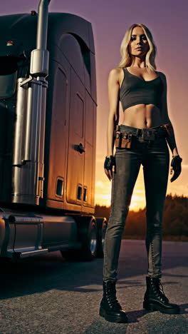 woman and truck at sunset