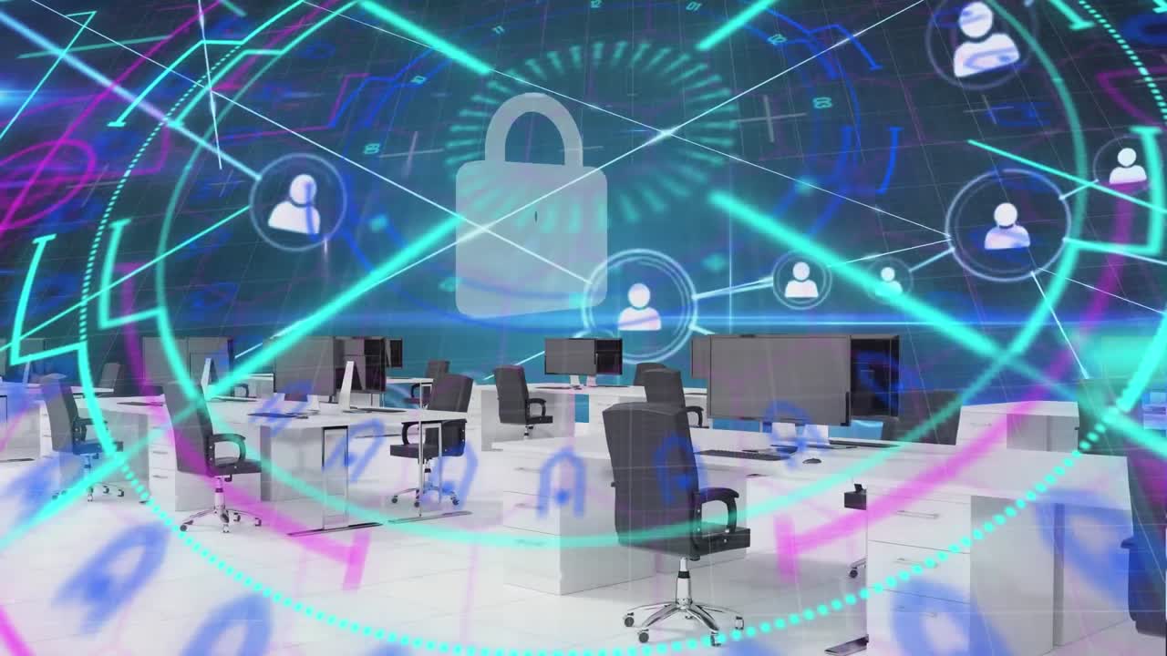 스 스캐닝의 애니메이션과 사무실의 책상 위의 연결 네트워크.