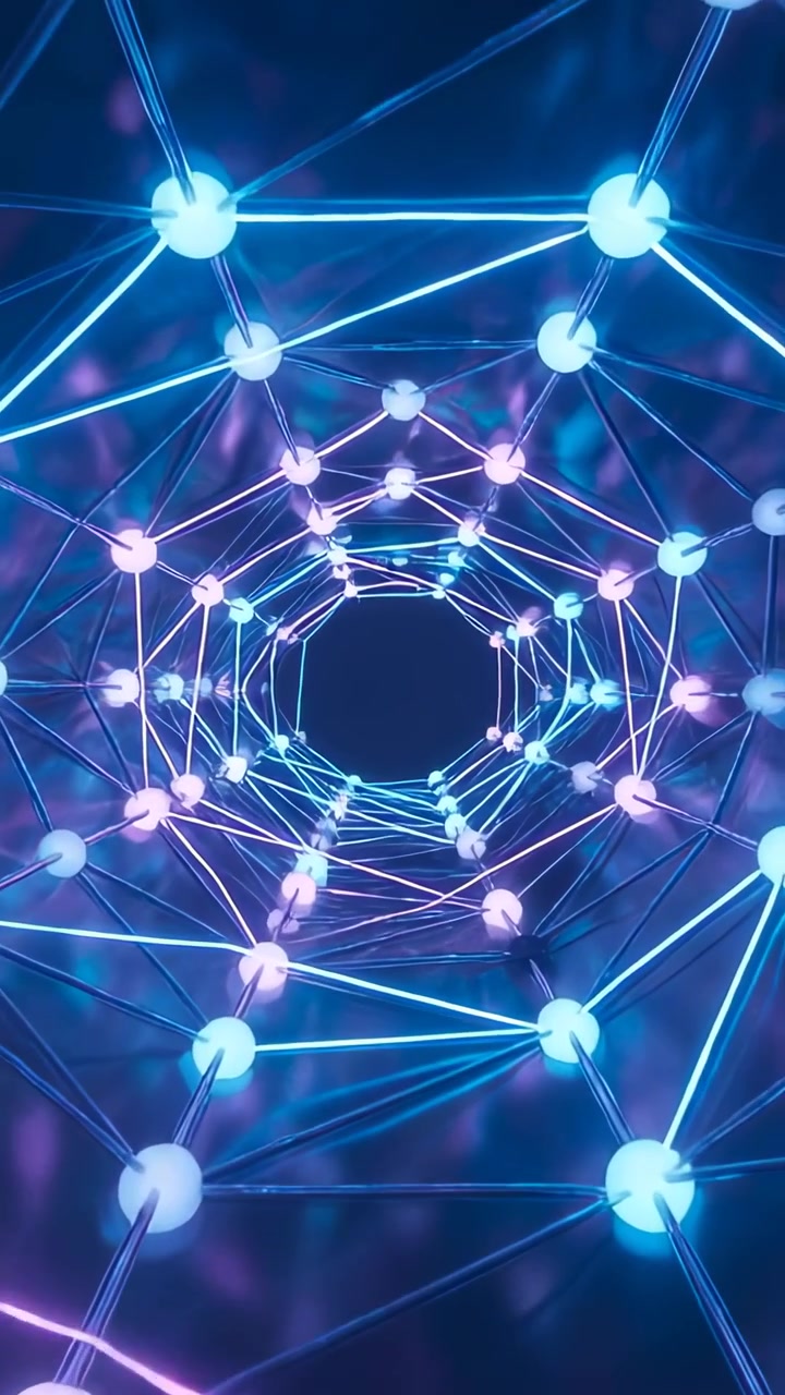 Vertical video: Gliding lattice of nodes and rods advancing through 3D tunnel, playback starting