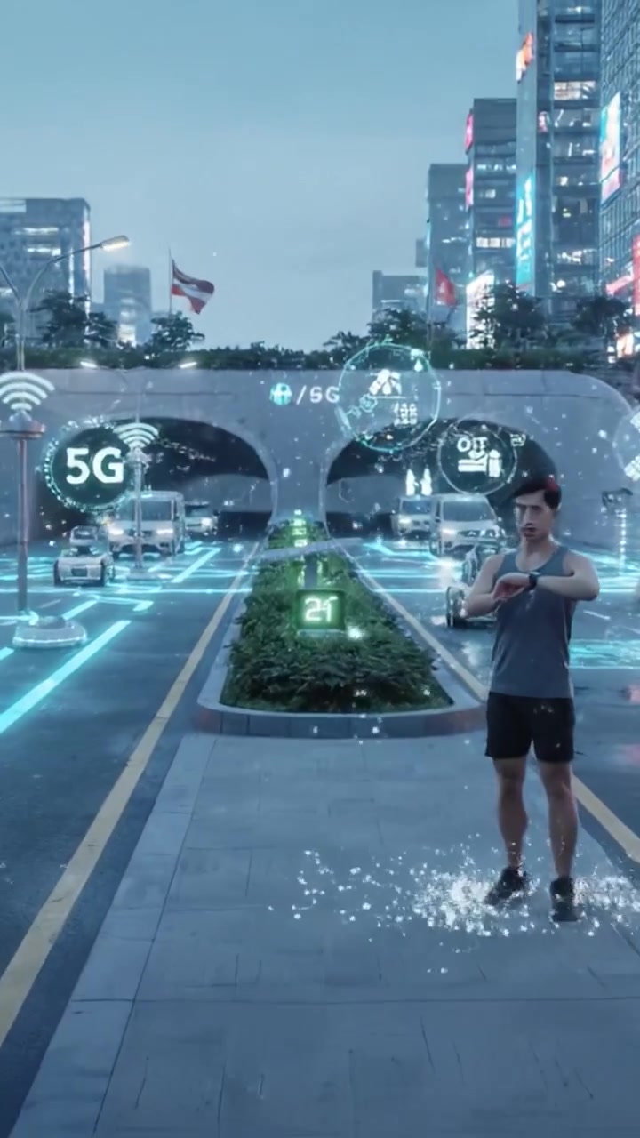 Futuristic Urban Scene with Self-Driving Vehicles Navigating a Smart Road Under a Snowy Atmosphere, Enhanced by Digital Displays and 5G Technology