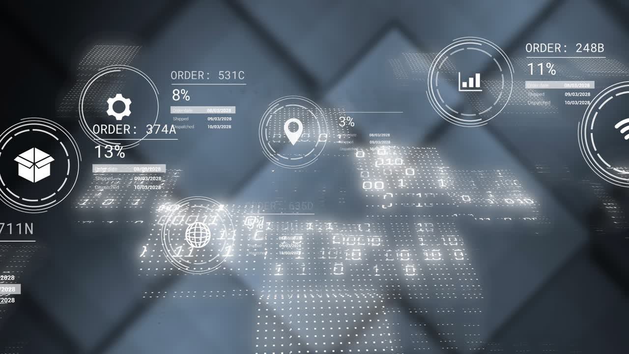 Animation of statistics and data processing over dark background