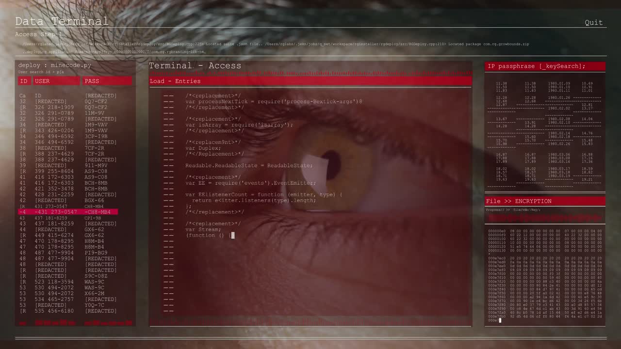 Animation of data processing on computer screens over close up of man's eye blinking