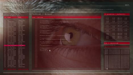 Animation-of-data-processing-on-computer-screens-over-close-up-of-man's-eye-blinking