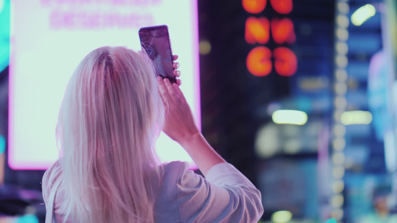 retrato de una mujer atractiva tomando fotografías de lugares de interés en times square se encuentra en el fondo