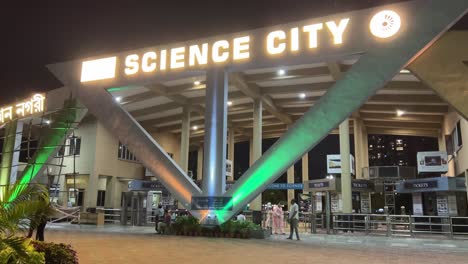 entry gate of science city in kolkata at night