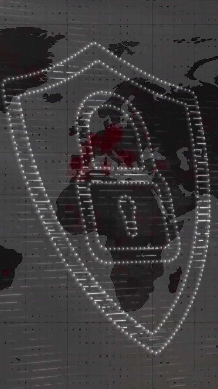 Animation of dots forming padlock in shield over lens flares and map on white background