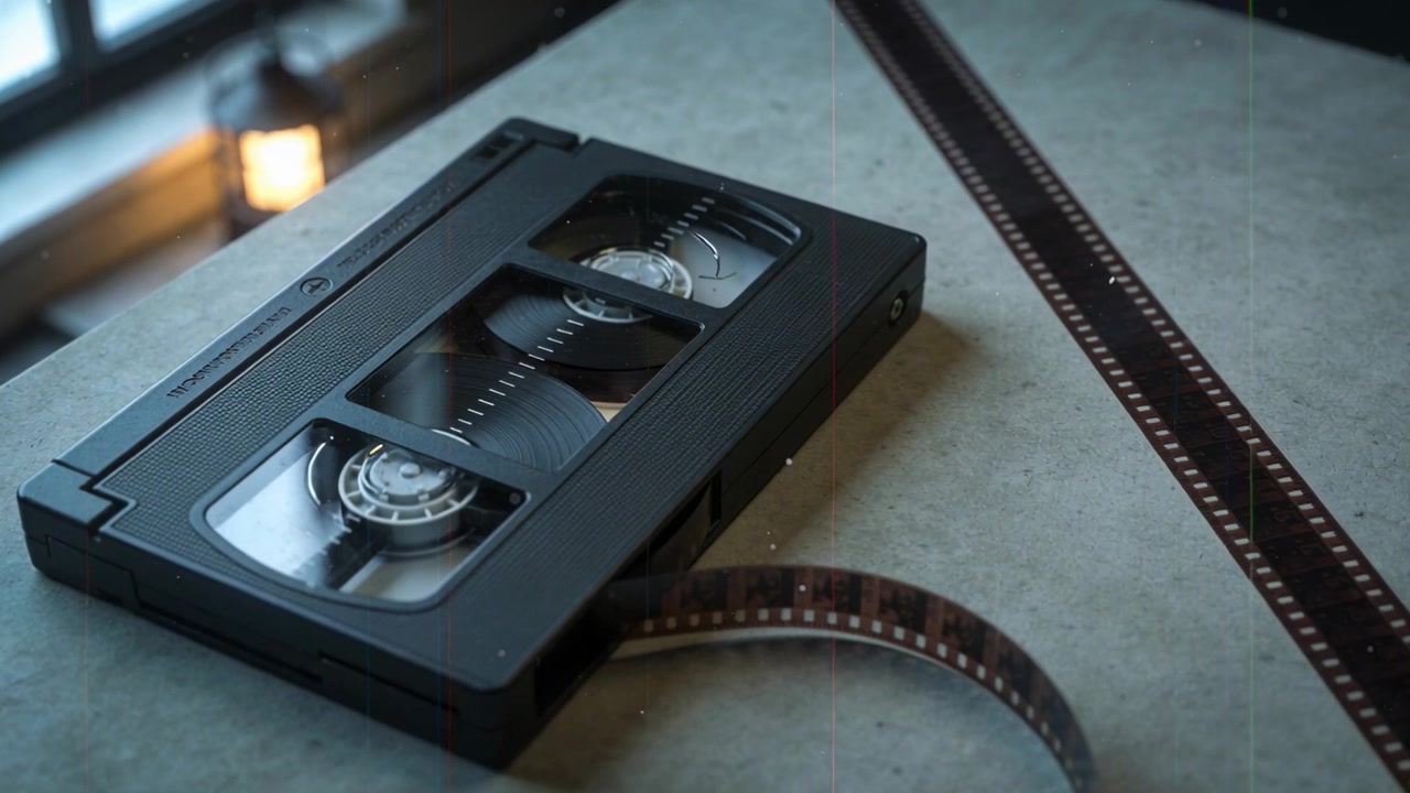 Movimento di macchina da presa ravvicinato, messa a fuoco su una cassetta VHS nera su un tavolo grigio, con pellicola 35mm che mostra le bobine