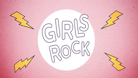 Animation-of-girls-rock-text,-over-lightening