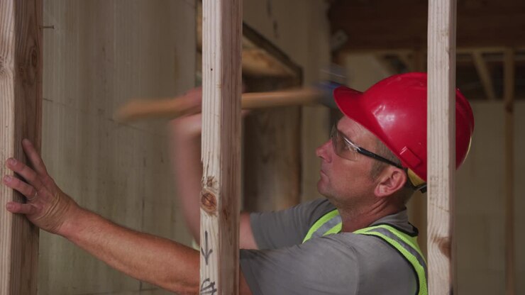 Construction worker nailing wall studs