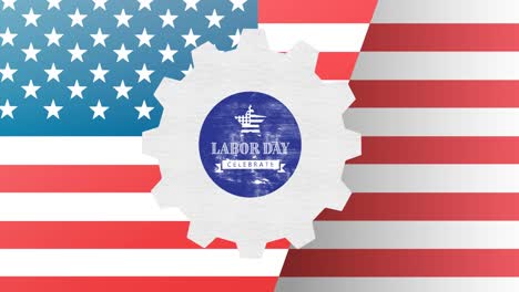 animation of labor day celebrate text over cog and american flag