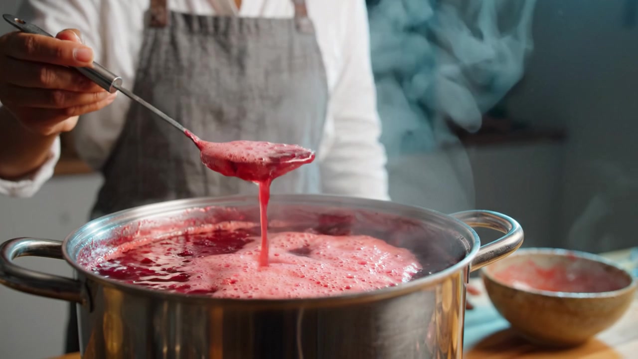Un cuoco mescola una pentola fumante di liquido rosso vibrante, mettendo in mostra l'arte della preparazione culinaria, con un focus su texture, colore e trasformazione in cucina.