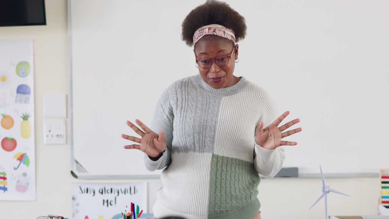 A teacher explaining wind energy in a classroom