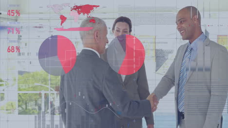 business people shaking hands, data analytics animation over office background