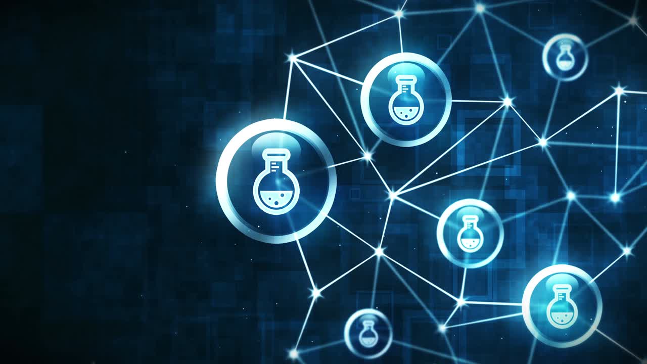 espacio poligonal con puntos y líneas de conexión. polígono de marco de alambre e icono. frasco redondo con líquido. botella de química iconos flotantes. medicina y conexión química.