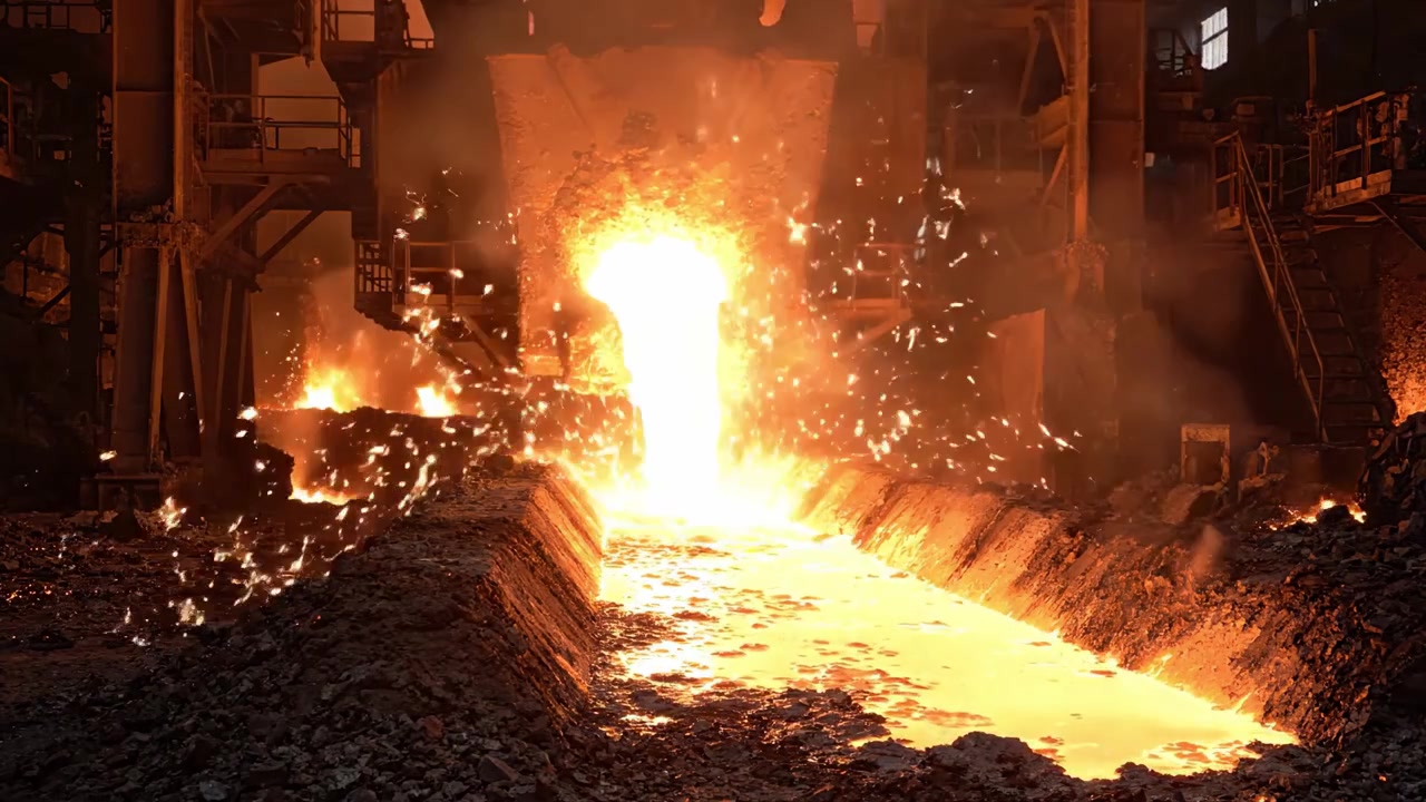 Processo dinamico di colata del metallo in un'acciaieria: calore intenso e metallo fuso che scorre attraverso un canale di scoria, catturati in inquadrature drammatiche.