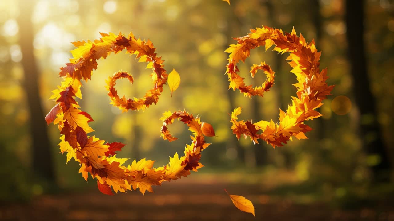 A Beautiful Dance of Autumn Leaves in Spirals Captured Amidst the Golden Glow of a Forest Path, Showcasing the Elegance of Nature's Transformation