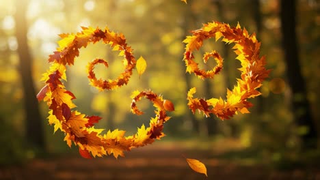 a beautiful dance of autumn leaves in spirals captured amidst the golden glow of a forest path, showcasing the elegance of nature's transformation