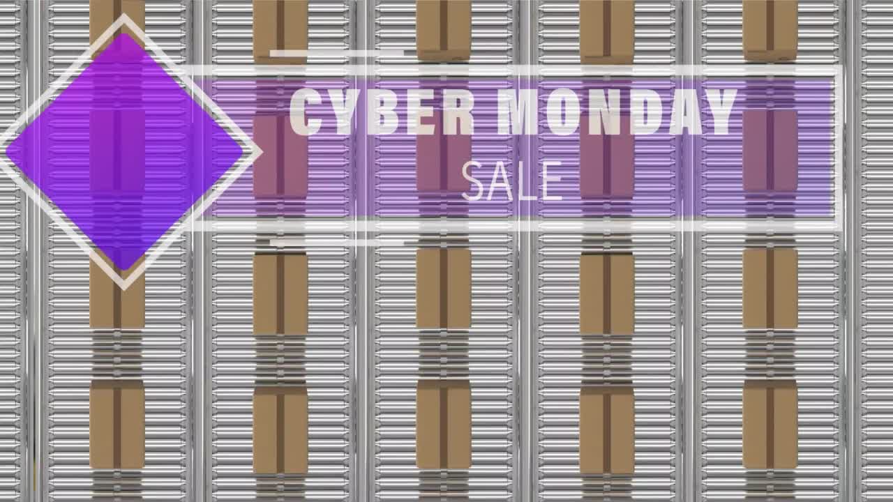 анимация продажи кибер-понедельника над картонными коробками на конвейерных лентах