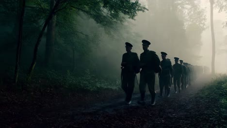 soldiers marching through a foggy forest