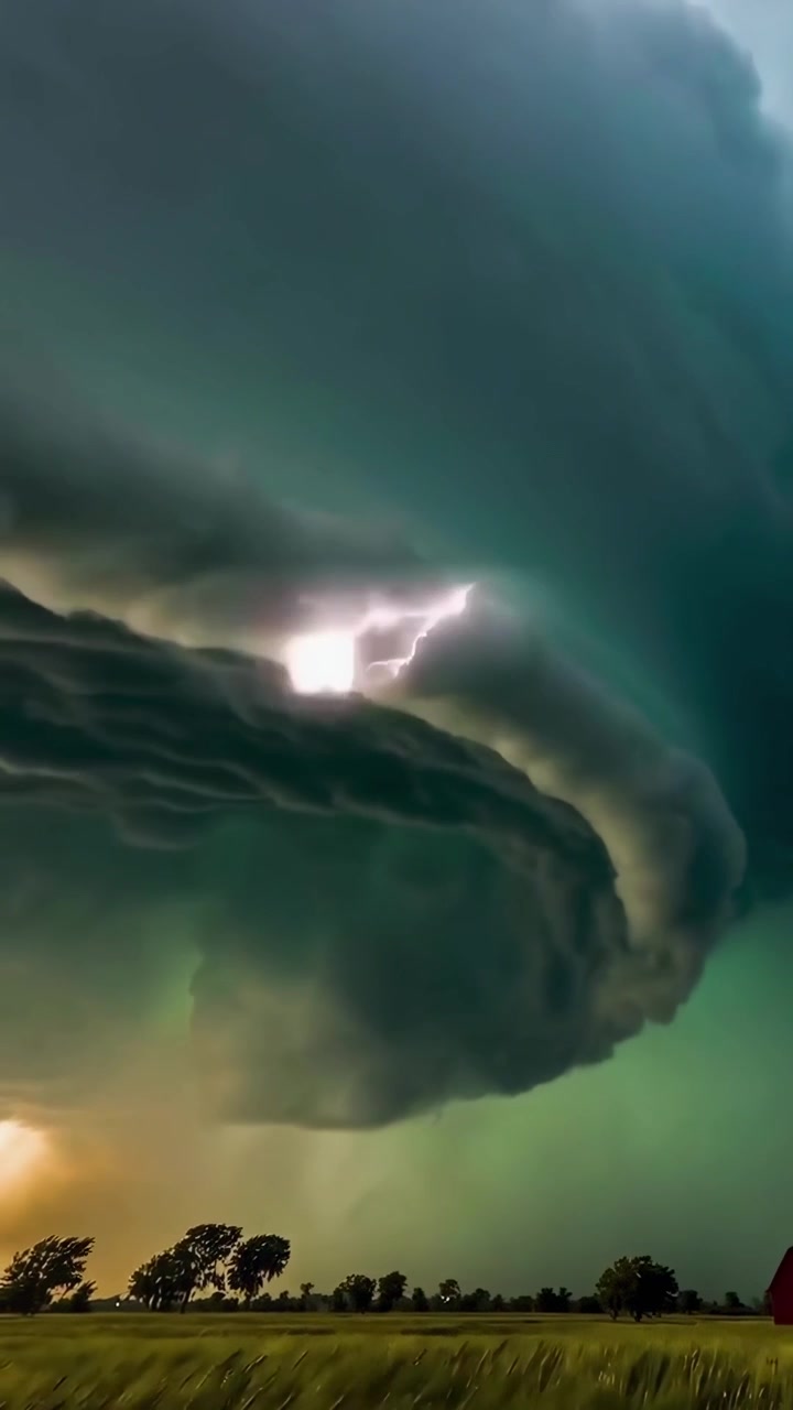 Poderosa Tempestade Supercélula com Relâmpagos Sobre Campo Verde
