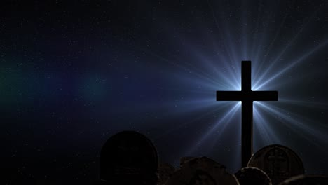 cross silhouette above the graves and optical flare rays against the star background at night