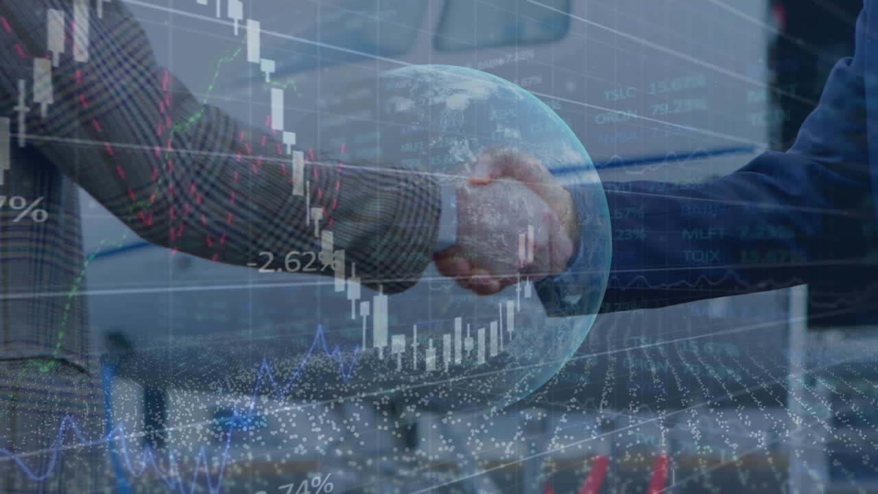 Animation der Finanzdatenverarbeitung und Globus über diversen Geschäftsleuten im Büro