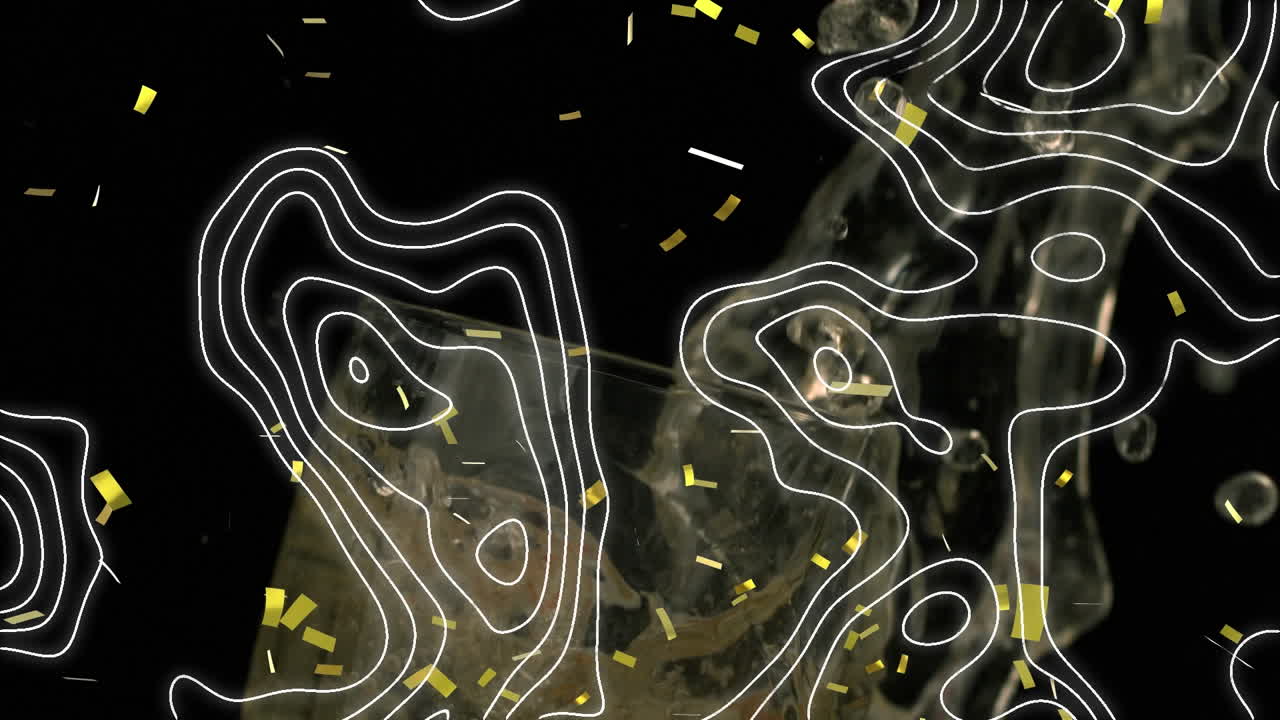 Topography and confetti falling against strawberry falling into a glass of champagne