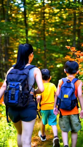 mother and two children hiking through a lush forest in springtime.