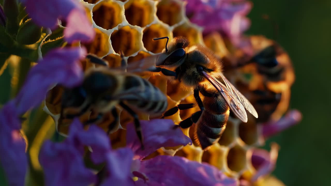 Honeybees on Honeycomb with Purple Flowers