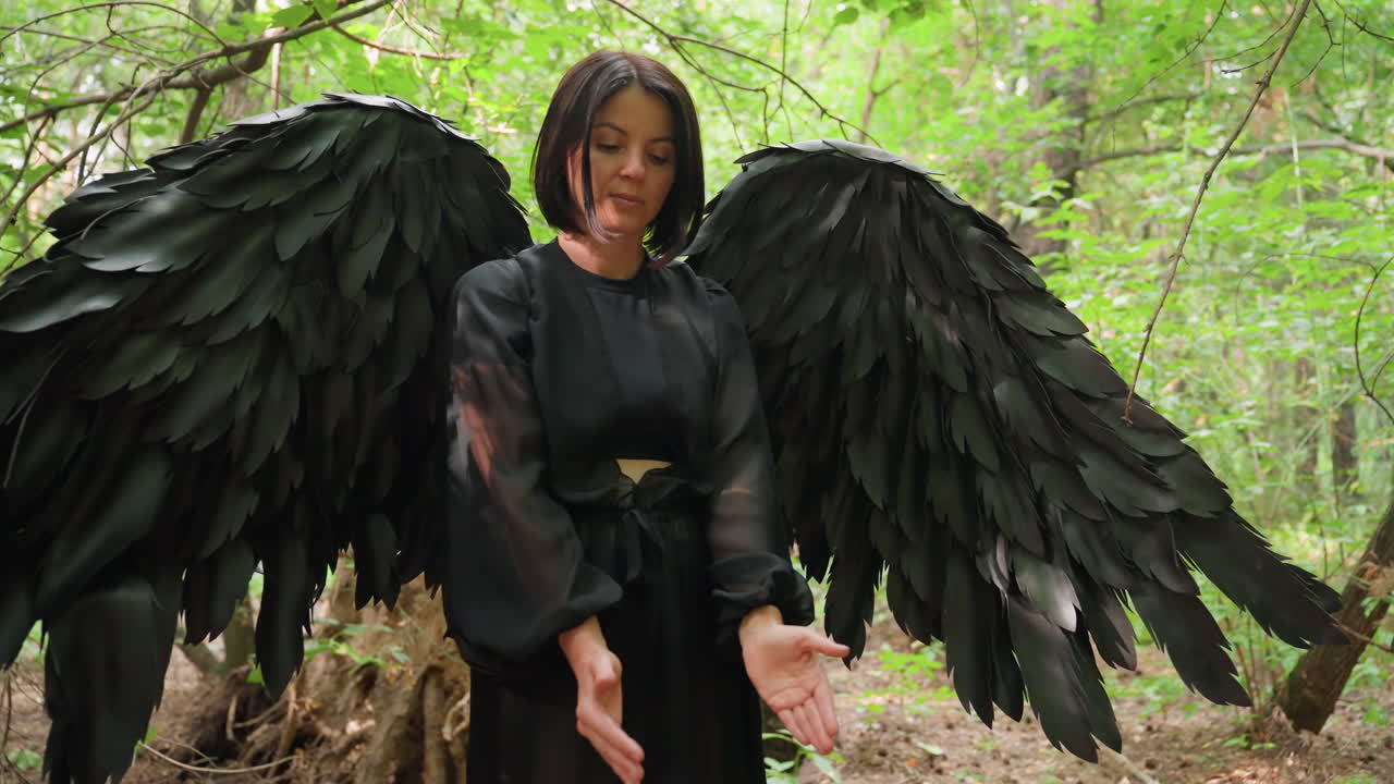 Forest witch dressed in flowing black gown with large dark wings spreads arms while performing spiritual ritual and prayers to gods among green trees, symbolizing power