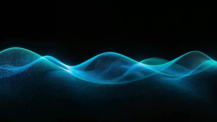 Inizia un'animazione, con tre onde a nastro blu-ciano che si muovono attraverso un vuoto oscuro, mostrando una rete e polvere.