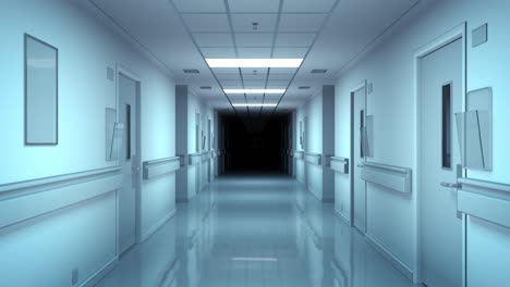 hospital corridor with lights turning on.