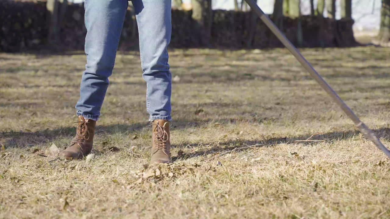 Caucasian woman removing weeds with a rake in the field. Her dog walks around her