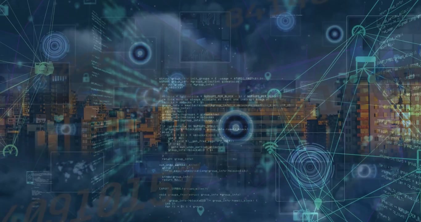 Animation of network of connections with icons over data processing