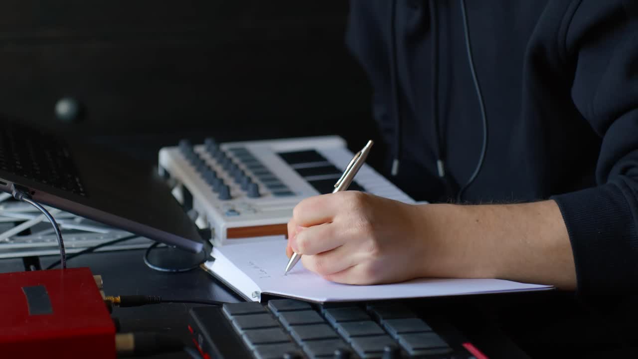 Close-up shot of a music producer writing in a notebook with an FX controller and a MIDI keyboard visible on the desk