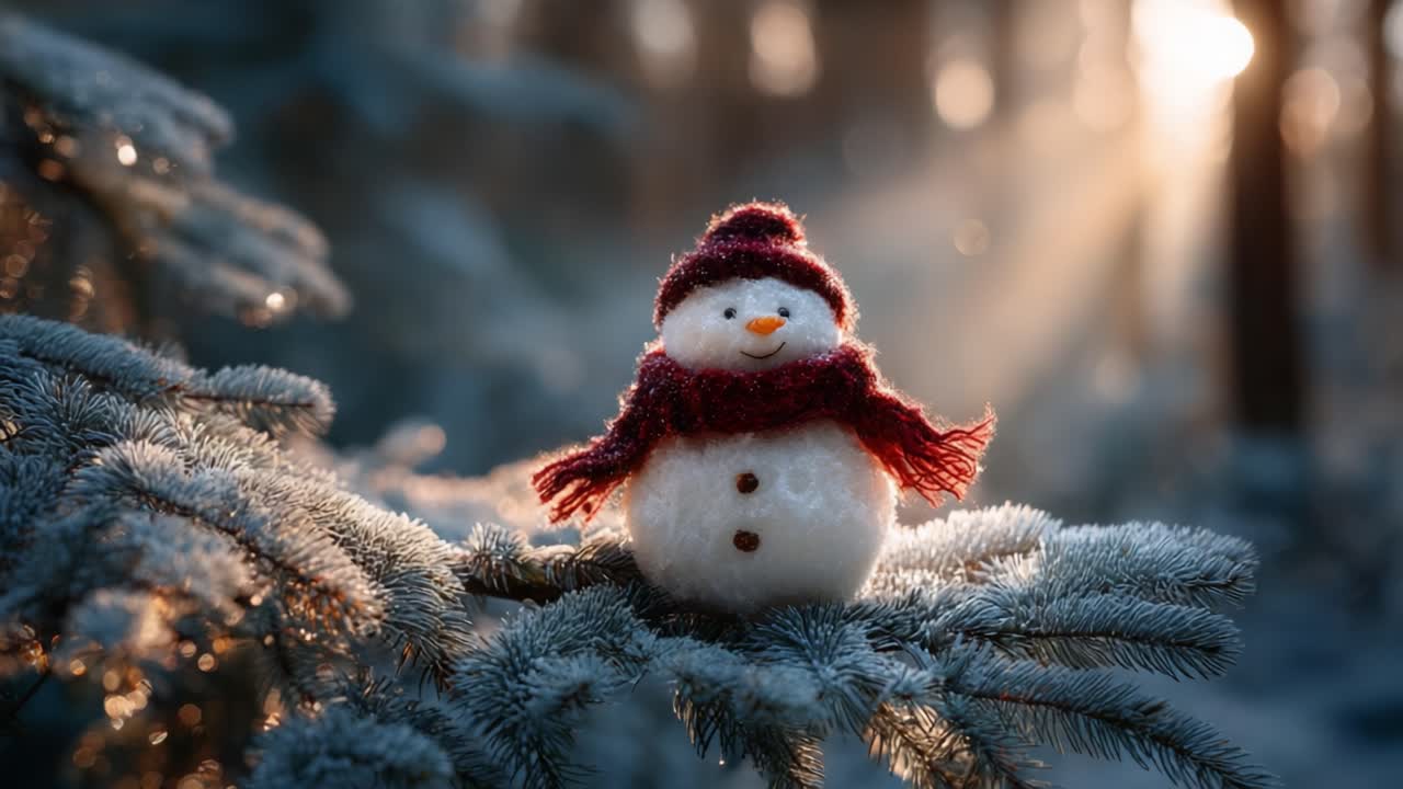 A Frosty Winter Scene Featuring an Adorable Snowman Dressed in a Red Scarf and Hat, Surrounded by Sparkling Snow-Laden Pine Trees Under a Glorious Winter Sun