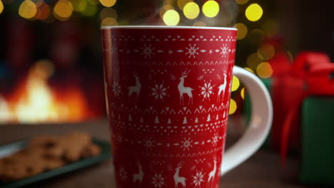 cinnamon marshmallows soaked in hot cocoa in a red mug with a christmas reindeer pattern