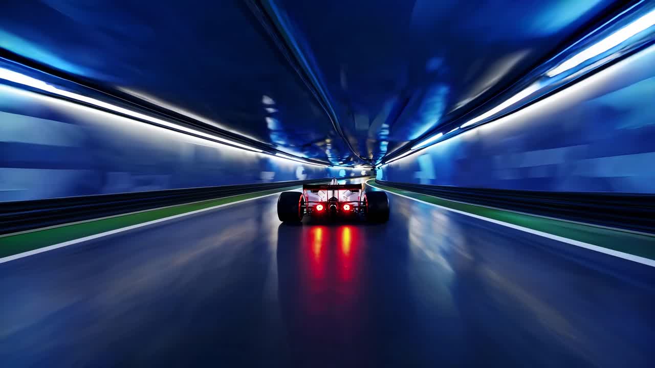 Dynamic rear shot of a race car speeding through a tunnel, with motion blur and vivid lighting