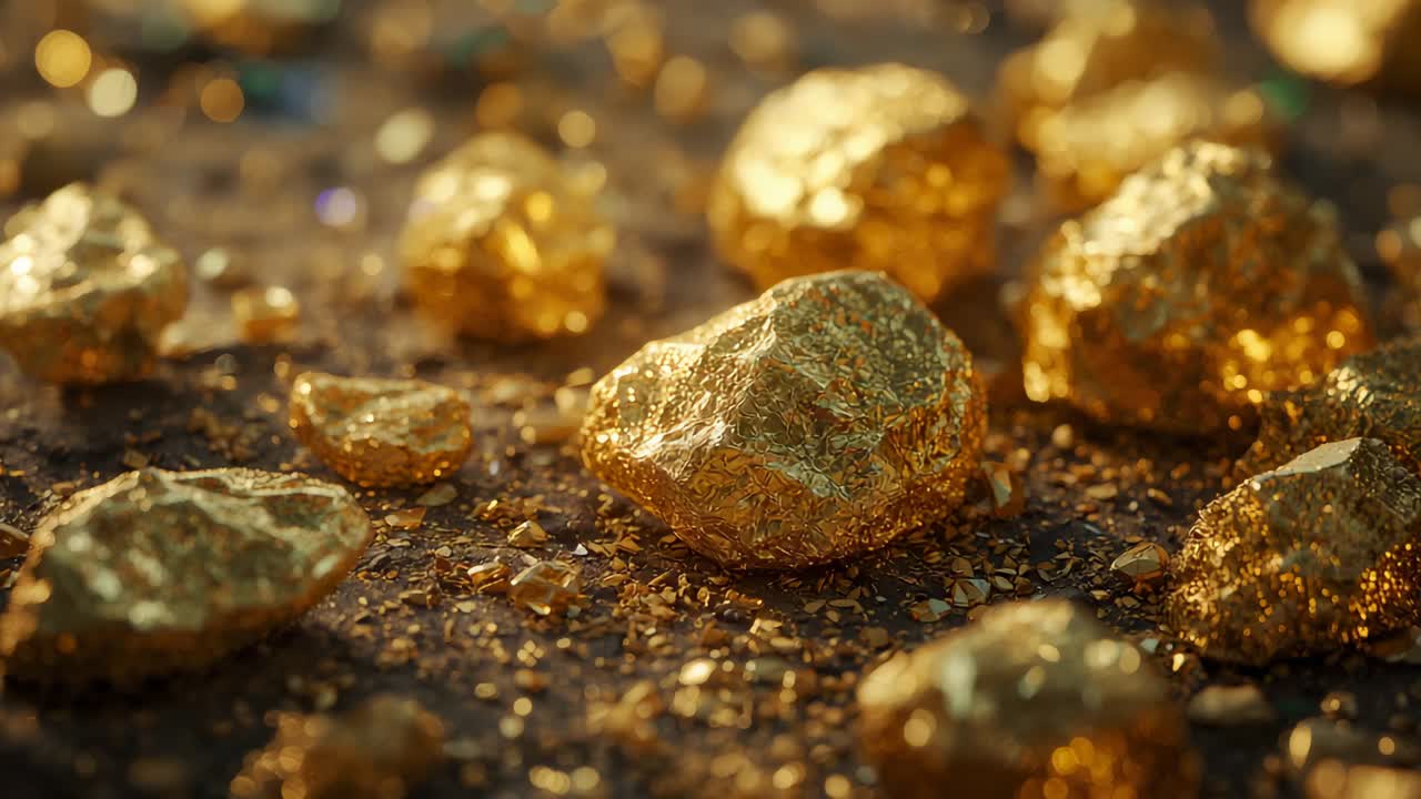 Starting low-angle camera panning right revealing golden nugget cluster on soil, sparkling surfaces