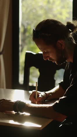 man drawing at a table near a window