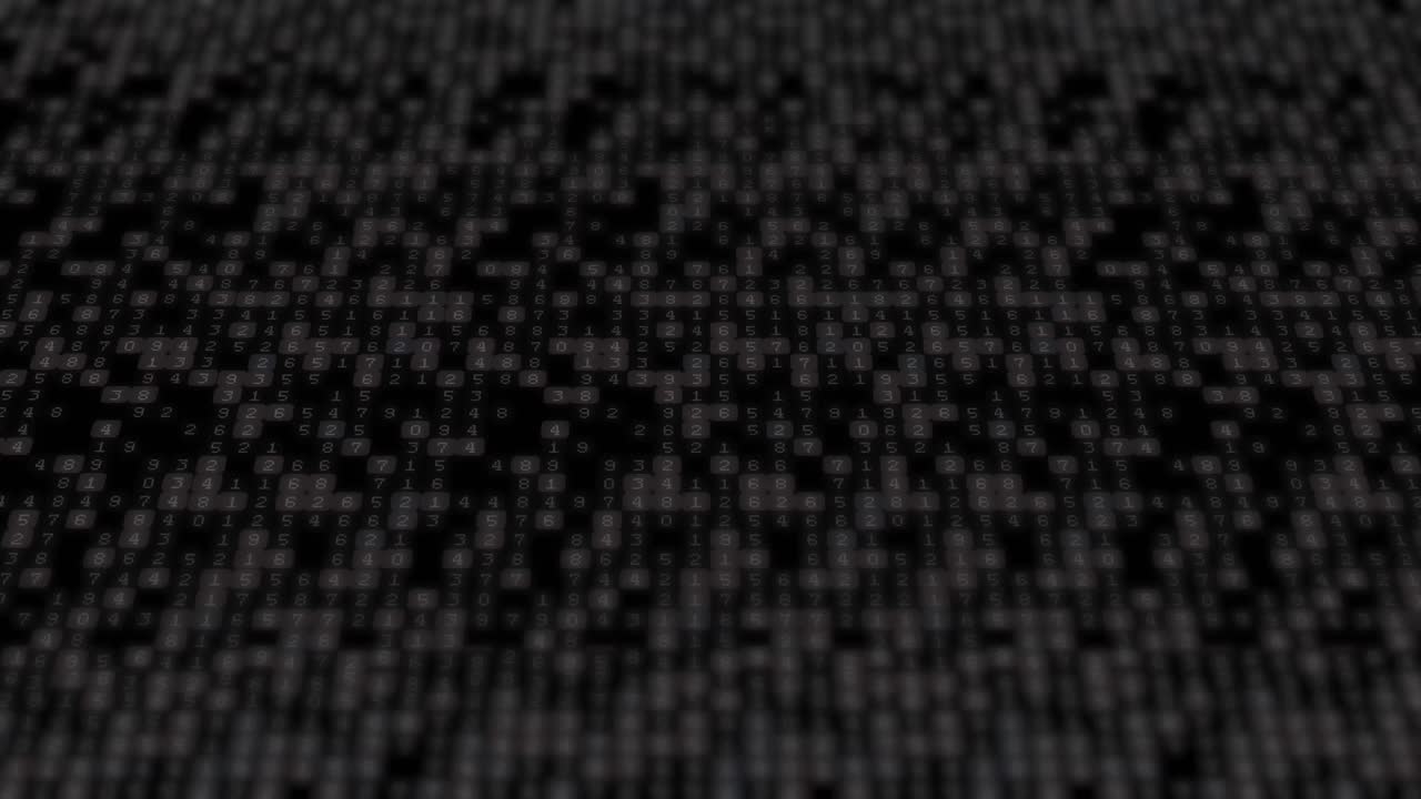 Opening green code statement appearing on 3D pixel grid scrolling syntax visualizing program flow