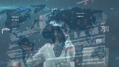 animation of world map, data and metaverse city over caucasian woman in vr headset