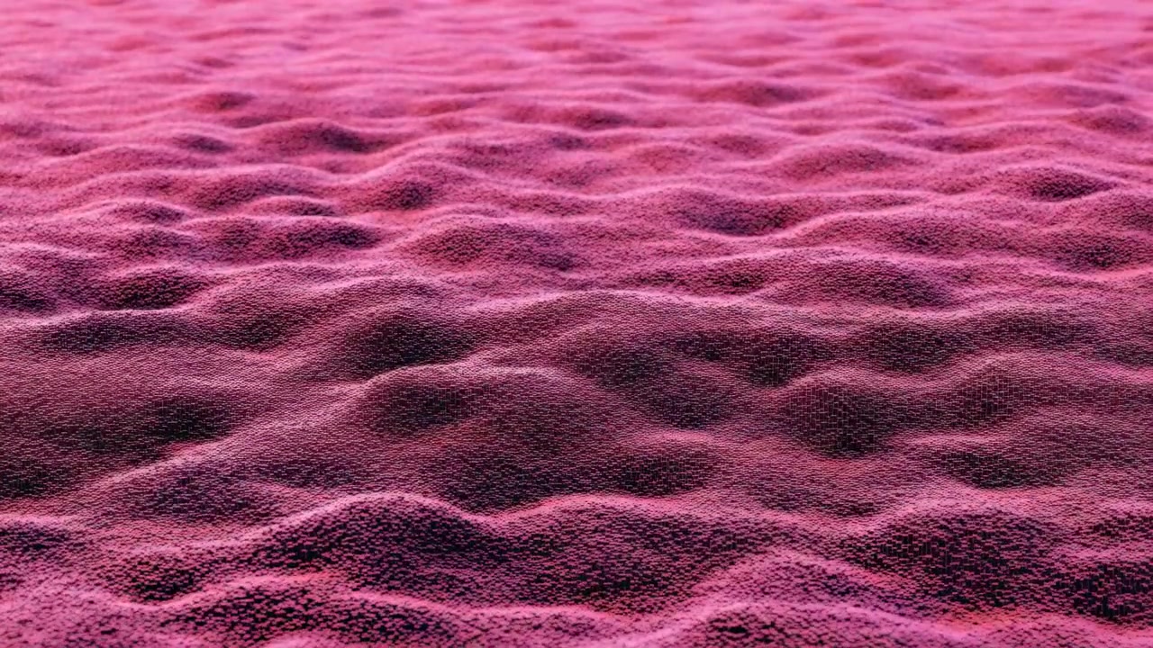 Nærbillede panoramascene, der viser tusindvis af små firkantede fliser, der danner lave rullende klitter i monokromatiske lyserøde og magenta toner, med blødt retningsbestemt lys, fine detaljer, subtil dybde og ren
