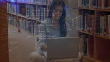 animation of data processing over female student using laptop computer learning from home