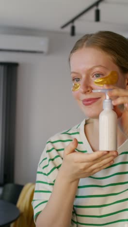 teen applying gold eye patches and skincare