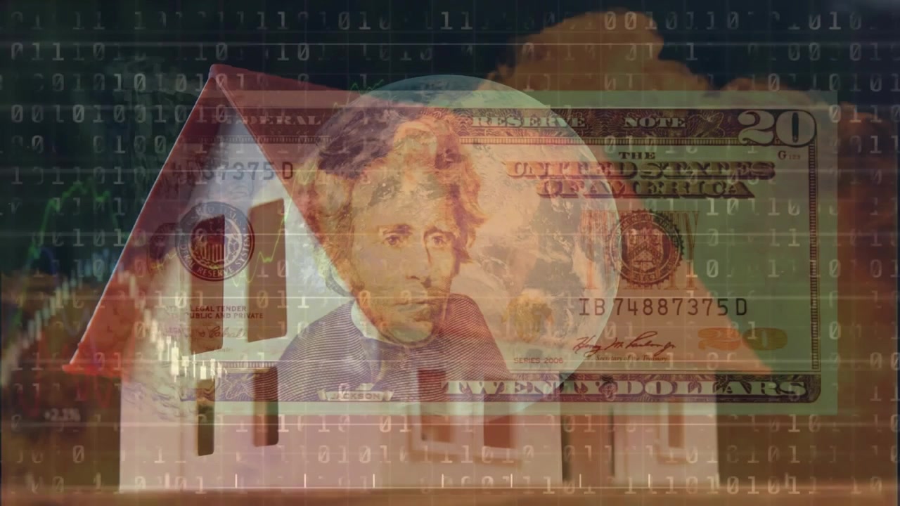 Konzeptvideo von Haus, Weltwirtschaft, Geld und Finanzkrise.