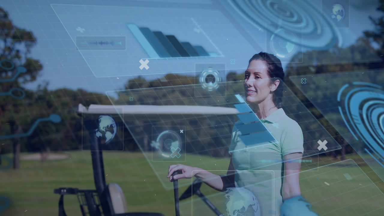Golfing woman with animation of digital data and graphs overlaying scene