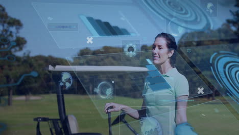 golfing woman with animation of digital data and graphs overlaying scene
