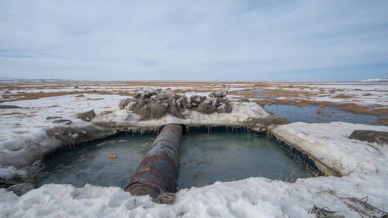 Camera moving forward in snowy marsh, showing rusted steel pipe over ice and icicle textures
